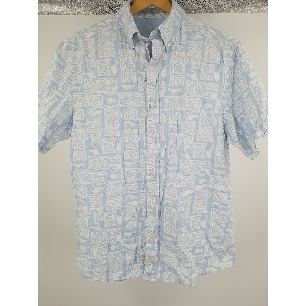Chaps Mens Medium Blue Floral Hawaiian Shirt Coastland Wash Linen Blend Short Sl